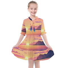 Sunset Ocean Beach Water Tropical Island Vacation 3 Kids  All Frills Chiffon Dress by Pakemis