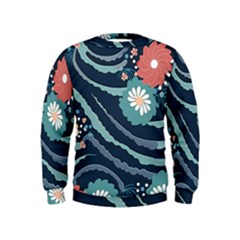 Waves Flowers Pattern Water Floral Minimalist Kids  Sweatshirt