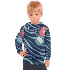 Waves Flowers Pattern Water Floral Minimalist Kids  Hooded Pullover by Pakemis