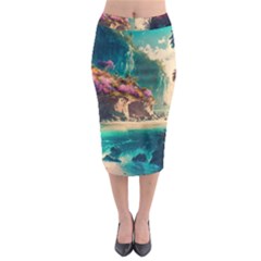 Tropical Island Fantasy Landscape Palm Trees Ocean Midi Pencil Skirt by Pakemis