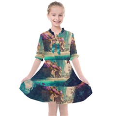 Tropical Island Fantasy Landscape Palm Trees Ocean Kids  All Frills Chiffon Dress by Pakemis