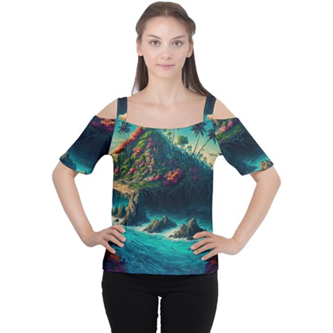 Tropical Island Paradise Ocean Sea Palm Trees Cutout Shoulder Tee by Pakemis