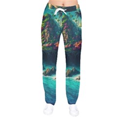 Tropical Island Paradise Ocean Sea Palm Trees Women Velvet Drawstring Pants