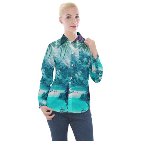 Landscape Nature Digital Art Palm Trees Paradise Women s Long Sleeve Pocket Shirt by Pakemis