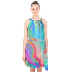 Fluid Art - Contemporary And Flowy Halter Collar Waist Tie Chiffon Dress by GardenOfOphir