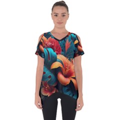 Ai Generated Tropical Flowers Floral Floral Pattern Cut Out Side Drop Tee