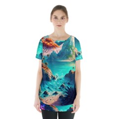 Tropical Paradise Beach Ocean Shore Sea Fantasy Skirt Hem Sports Top by Pakemis