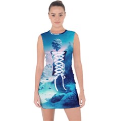 Tropical Winter Frozen Snow Paradise Palm Trees Lace Up Front Bodycon Dress by Pakemis