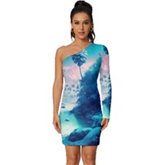 Tropical Winter Frozen Snow Paradise Palm Trees Long Sleeve One Shoulder Mini Dress by Pakemis