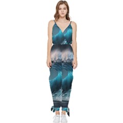 Tsunami Waves Ocean Sea Water Rough Seas 2 Sleeveless Tie Ankle Chiffon Jumpsuit