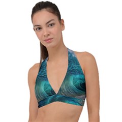 Tsunami Waves Ocean Sea Water Rough Seas Halter Plunge Bikini Top