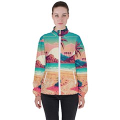 Palm Trees Tropical Ocean Sunset Sunrise Landscape Women s High Neck Windbreaker by Pakemis