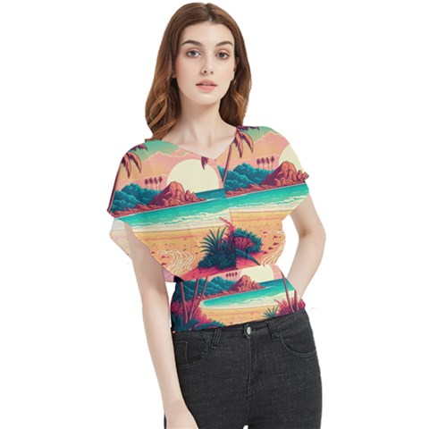 Palm Trees Tropical Ocean Sunset Sunrise Landscape Butterfly Chiffon Blouse by Pakemis