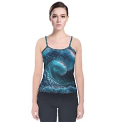 Tsunami Waves Ocean Sea Water Rough Seas 3 Velvet Spaghetti Strap Top by Pakemis