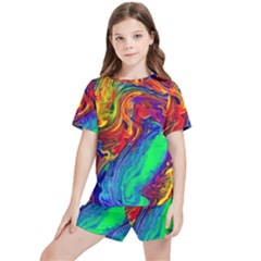 Waves Of Colorful Abstract Liquid Art Kids  Tee And Sports Shorts Set by GardenOfOphir