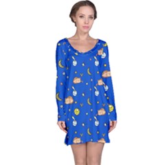 Cat Animals Sleep Stars Seamless Background Long Sleeve Nightdress by Wegoenart