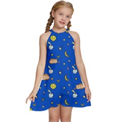 Cat Animals Sleep Stars Seamless Background Kids  Halter Collar Waist Tie Chiffon Dress