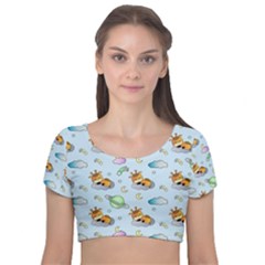 Pattern Giraffe Animal Seamless Scrapbooking Blue Velvet Short Sleeve Crop Top 