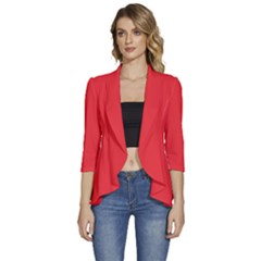 Cherry Tomato Red	 - 	3/4 Sleeve Ruffle Edge Open Front Jacket by ColorfulWomensWear