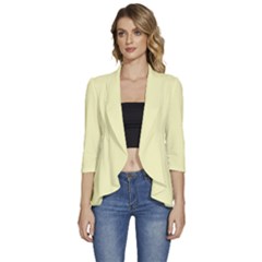 Parchment Yellow	 - 	3/4 Sleeve Ruffle Edge Open Front Jacket