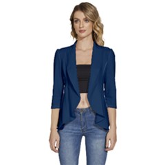 Oxford Blue	 - 	3/4 Sleeve Ruffle Edge Open Front Jacket by ColorfulWomensWear