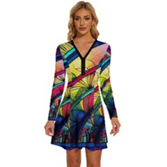 Stained Glass Window Long Sleeve Deep V Mini Dress 