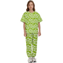 Lime Green Flowers Pattern Kids  Tee And Pants Sports Set by GardenOfOphir