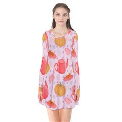 Pumpkin Tea Cup Pie Dessert Long Sleeve V-neck Flare Dress by Semog4