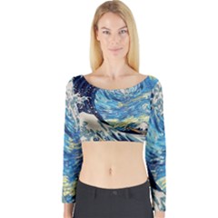 Starry Night Hokusai Vincent Van Gogh The Great Wave Off Kanagawa Long Sleeve Crop Top by Semog4