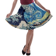 Starry Night Hokusai Vincent Van Gogh The Great Wave Off Kanagawa A-line Skater Skirt by Semog4