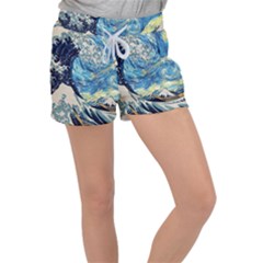 Starry Night Hokusai Vincent Van Gogh The Great Wave Off Kanagawa Women s Velour Lounge Shorts by Semog4