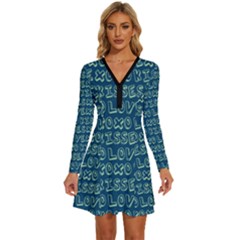 Navy Love Kisses Long Sleeve Deep V Mini Dress 