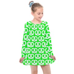 Neon Green Pretzel Illustrations Pattern Kids  Long Sleeve Dress by GardenOfOphir