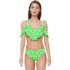 Neon Green Pretzel Illustrations Pattern Ruffle Edge Tie Up Bikini Set	