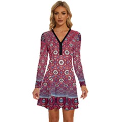 Sphere Spherical Metallic Colorful Circular Orb Long Sleeve Deep V Mini Dress 