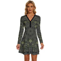 Mandala Rosette Kaleidoscope Floral Background Long Sleeve Deep V Mini Dress 