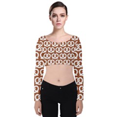 Brown Pretzel Illustrations Pattern Velvet Long Sleeve Crop Top by GardenOfOphir