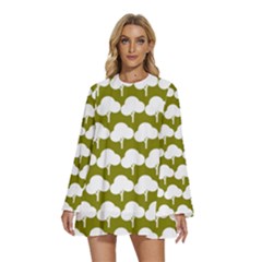 Tree Illustration Gifts Round Neck Long Sleeve Bohemian Style Chiffon Mini Dress