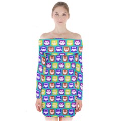 Colorful Whimsical Owl Pattern Long Sleeve Off Shoulder Dress