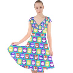 Colorful Whimsical Owl Pattern Cap Sleeve Front Wrap Midi Dress by GardenOfOphir