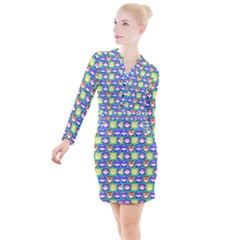 Colorful Whimsical Owl Pattern Button Long Sleeve Dress by GardenOfOphir