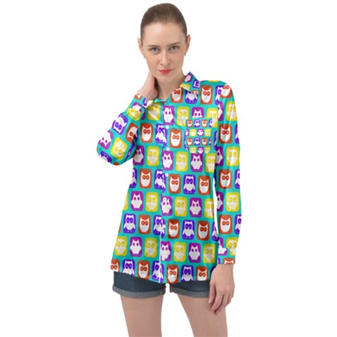 Colorful Whimsical Owl Pattern Long Sleeve Satin Shirt by GardenOfOphir