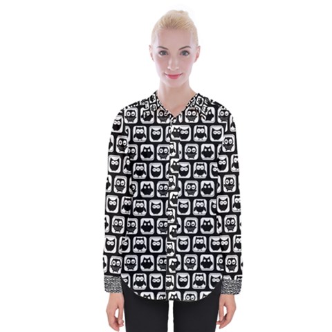 Black And White Owl Pattern Womens Long Sleeve Shirt by GardenOfOphir