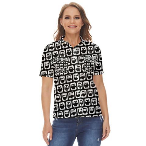 Black And White Owl Pattern Women s Short Sleeve Double Pocket Shirt by GardenOfOphir