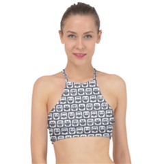 Gray And White Owl Pattern Racer Front Bikini Top by GardenOfOphir