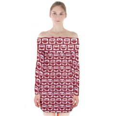 Red And White Owl Pattern Long Sleeve Off Shoulder Dress