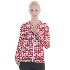 Red And White Owl Pattern Casual Zip Up Jacket by GardenOfOphir