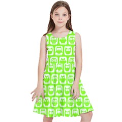 Lime Green And White Owl Pattern Kids  Skater Dress by GardenOfOphir