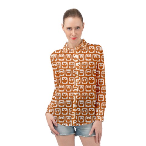 Orange And White Owl Pattern Long Sleeve Chiffon Shirt by GardenOfOphir