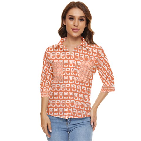 Coral And White Owl Pattern Women s Quarter Sleeve Pocket Shirt by GardenOfOphir